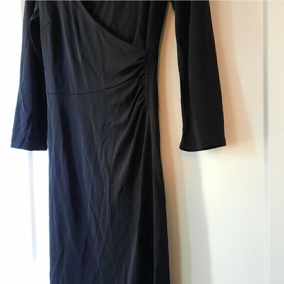 LOFT Wrap Dress Black Long Sleeve Ruched V Neck - Picture 6 of 12